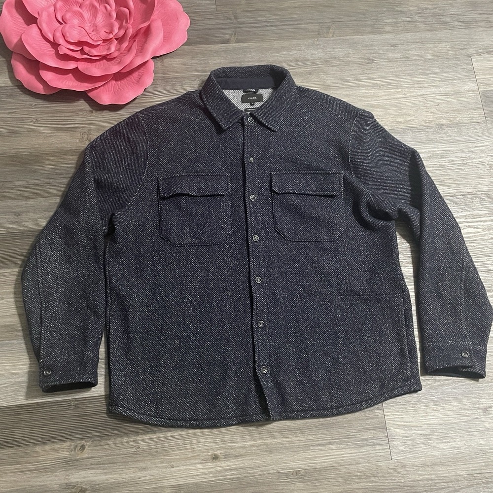 EUC VINCE. Mens Sz XL Heather Navy Wool Blend Flannel Overshirt 4-Pocket - Picture 1 of 11